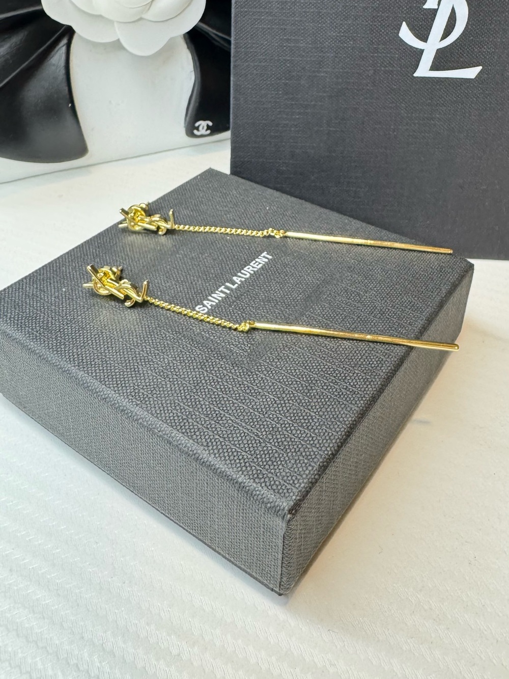 Saint Laurent Gold YSL Knot Threader Drop Earrings